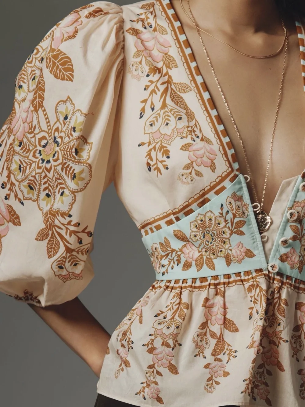 FARM Rio Cream Floral Embroidered Peasant Blouse with Blue Accents